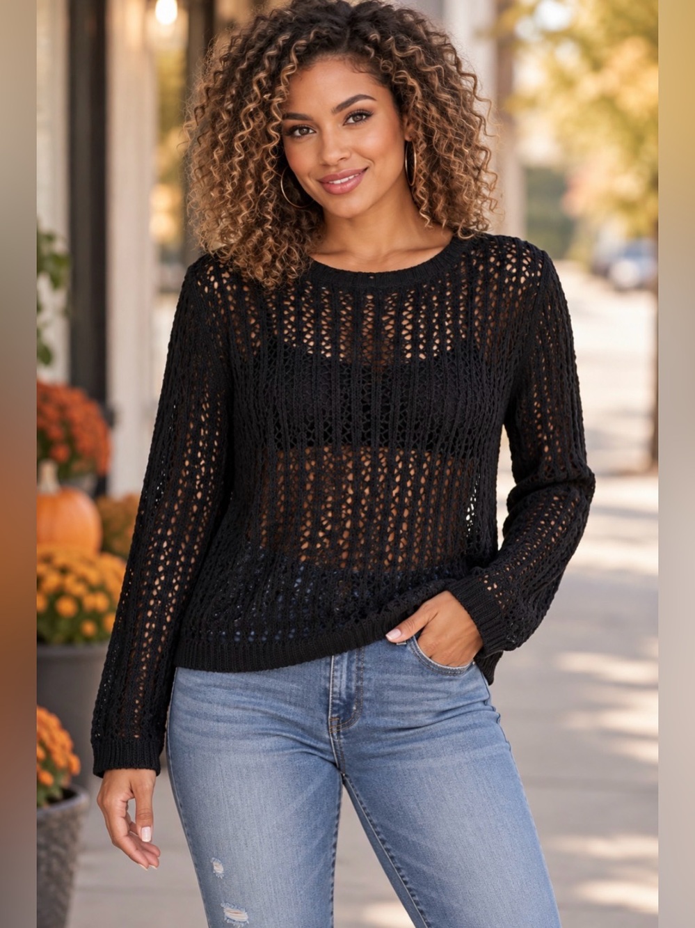 NWT Evaless Black Open-Knit Crochet Sweater Long Sleeve Top Size L